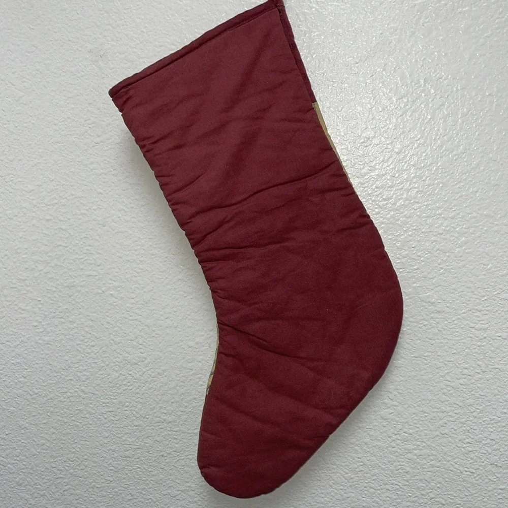 Festive Burgundy and Tan Angels and Stars Holiday Christmas Farmhouse Stocking